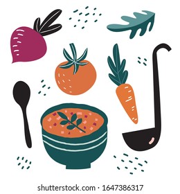 Vegetable soup. Hand drawn illustration set of tomatoes, carrot, green leaf, raddish, soup bowl, ladle and spoon isolated white background. - Vector