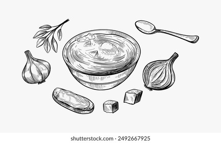 Vegetable soup. Hand drawn illustration converted to vector