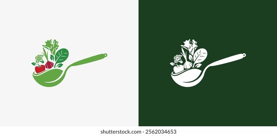 Vegetable soup healthy food logo design with leaf vegetable spoon symbol