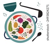 Vegetable soup illustration in a pot top view. Broccoli, red pepper, onion, mushroom, zucchini, potatoes, tomatoes, parsley, carrot. Healthy vegan cook. Ladle, bowl and spoon. - Vector