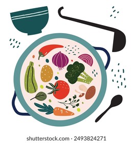 Ilustración de sopa de verduras en una olla vista superior. Brócoli, pimiento rojo, cebolla, champiñones, calabacín, patatas, tomates, perejil, zanahoria. Cocina vegana saludable. Cuchara, tazón y cuchara. - VECTOR