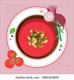 Vegetable soup in a plate, top view. Beets, tomatoes, garlic, onions, herbs, spices, seeds in a white plate on a pink napkin. Sticker, sticker, drawing for the menu.