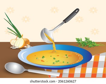 Vegetable soup is poured into a bowl from a ladle and fresh vegetables and spoon are on the table nearby. Vector illustration.