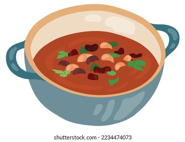 Vegetable soup puree with white and red beans and parsley. Hand drawn vector illustration. Suitable for website, stickers, postcards.