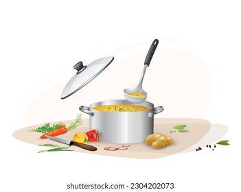 Vegetable soup stew in a saucepan and a ladle for to taste or pour. Vegetable ingredients - onions, carrots, potatoes, parsley, paprika, green peas,  spices nearby,  isolated on white background.
