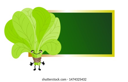 Vegetable spinach or lettuce near a school blackboard. Background for your text. Suitable for educational posters, announcements and postcards.