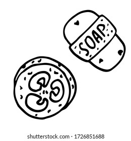 Vegetable sponge on white isolated backdrop. Outline organic soap for vegan shop or online store logo, social banner, eco blog, flyer. Phone case or cloth print. Doodle style stock vector illustration