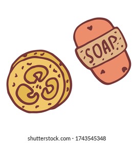 Vegetable sponge on white isolated backdrop. Craft organic soap for vegan shop or online store logo, social banner, eco blog, flyer. Phone case or cloth print. Doodle style stock vector illustration