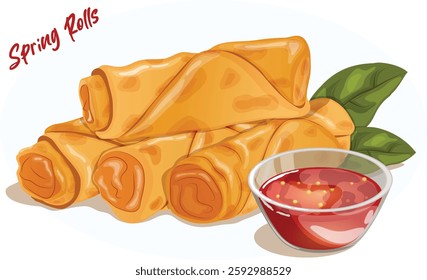 Vegetable Spring Rolls with Sweet Chili Sauce and Basil Leaves Isolated Detailed Illustration. Authentic Chinese Dim Sum Street Snacks.
