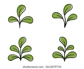 Vegetable sprouts and seedling with rounded leaves. Seedling and planting design elements. Isolated vector images