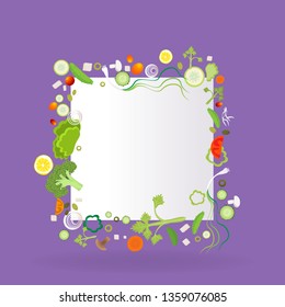 Vegetable square frame  with paper label for web and print decoration vector illustration on violet purple    background