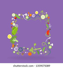 Vegetable square frame for web and print decoration vector illustration on violet purple background
