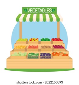 Vegetable stall open with an awning, fresh vegetables in boxes. Agriculture, farming, market, shop, stand, harvesting, autumn, sale. Vector illustration, cartoon, isolated, icon, sticker, object