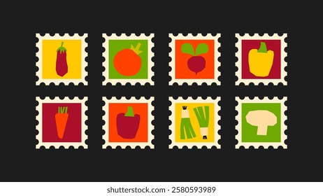 Vegetable stamp set- cabbage, tomato, avocado, rs, celery, carrots, pepper. Includes postage stamp or poster designs of vegetarian farm products from the garden hand-drawn in flat and naive style.