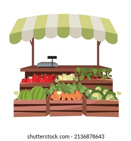 Vegetable stand semi flat color vector object. Full sized item on white. Purchasing fresh organic fruits and veggies simple cartoon style illustration for web graphic design and animation