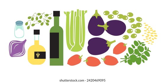 Estofado vegetal, salsa o caponata, ingredientes frescos. Ilustración vectorial plana aislada en fondo blanco.