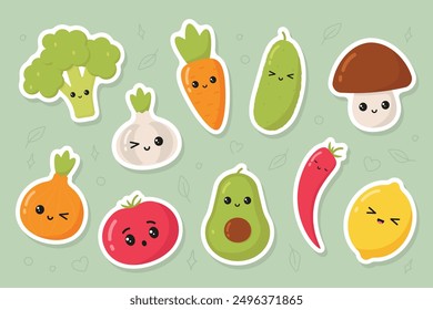 Paquete de pegatinas vegetales. Verduras saludables lindas con ojos kawaii y diferentes emociones.