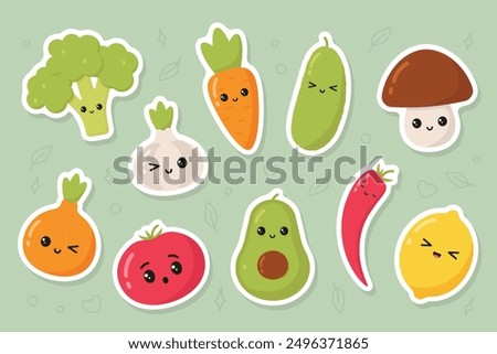 Vegetable sticker pack. Cute healthy vegetables with kawaii eyes and different emotions.