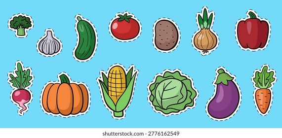 Vegetable sticker patch set. Cartoon organic food icons with black outline, white stroke and dotted line. Vector collection 90s stickers. Cartoon vegetables.