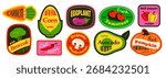 Vegetable sticker set. Labels with carrots, corn, avocado, peppers and pumpkin for supermarkets and grocery stores. Trendy retro design. Flat vector illustration collection isolated on background
