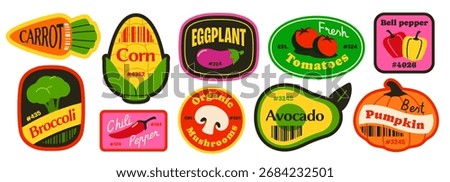 Vegetable sticker set. Labels with carrots, corn, avocado, peppers and pumpkin for supermarkets and grocery stores. Trendy retro design. Flat vector illustration collection isolated on background