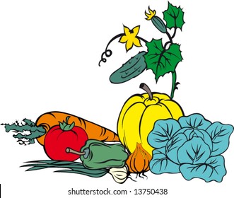 GemüseStillleben mit Gurken, Kürbis, Gemüsekarotten, Tomaten und Kohl