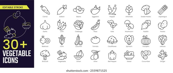 Vegetable Stroke icon collections. Containing carrot, tomato, mushroom, broccoli, eggplant, corn, cucumber and lettuce icons. Editable Stroke icon collection Outline icon