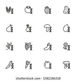 Vegetable structure line icon set. Set of line icons on white background. DNA structure, pear, mushroom. Ecology concept. Vector illustration can be used for topics like biology, nature, food