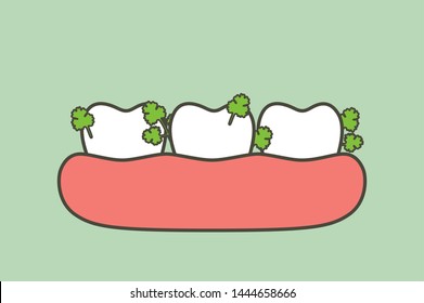 vegetable stuck in teeth, cause of decay tooth and bad breath - dental cartoon vector flat style cute character for design