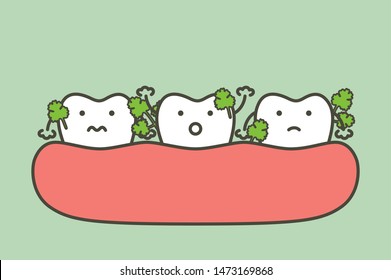 vegetable stuck in teeth, cause of decay tooth and bad breath - dental cartoon vector flat style cute character for design