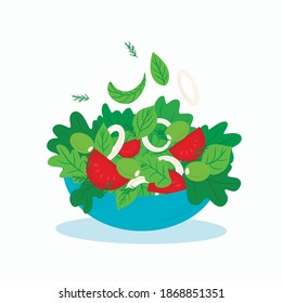 Vegetable summer salad of fresh vegetables: lettuce leaves, onions, tomatoes, dill, olives, blue cup. Isolated on a white background, vector.