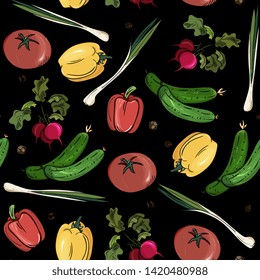 vegetable, summer seamless pattern. Hand drawing. fresh vegetables sketch background. Vintage food illustration for shop, bread house label, menu or packaging design 