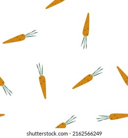 Patrón de verduras sin soldadura de verano con zanahorias naranjas sobre fondo blanco en forma de caricatura para tela, textil, papel tapiz de vivero