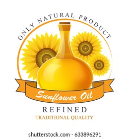 Vegetable sunflower oil in a bottle against a background of ripe sunflowers