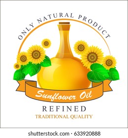 Vegetable sunflower oil in a bottle against a background of ripe sunflowers