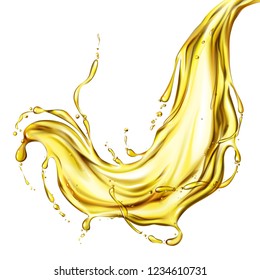 Vegetable Sunflower Or Olive Oil Frozen Motion Splash With Droplets And Bubbles 3d Realistic Vector Isolated On White Background. Spilled Petroleum, Liquid Honey, Fresh Fruit Juice Flow Illustration