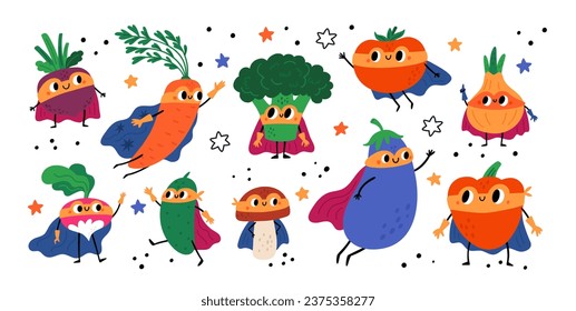 Vegetable Superhero harvest set. Food veggies product cartoon characters. Onion, mushroom, cabbage, broccoli, bell pepper, eggplant, beet, carrot, radish, tomato. Flat vector farm illustrations 