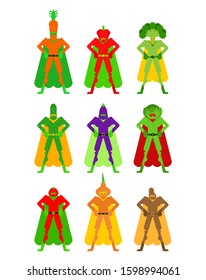 Vegetable superhero set. Super Team Vegetables in mask and raincoat. Strong Tomato and cabbage. Bell pepper and eggplant. Potatoes, onions and broccoli. Cucumber and carrots.
