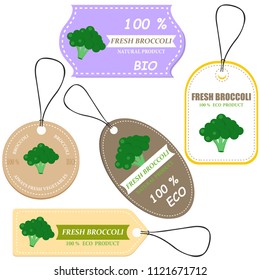 Vegetable tag and farm market veggies price labels set. Fresh broccoli sketch card with discount offer text