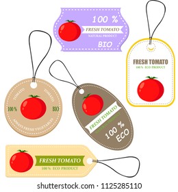 Vegetable tag and farm market veggies price labels set. Fresh tomato sketch card with discount offer text