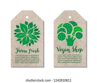 Vegetable tags with broccoli, salad leaves. Farm fresh, vegan shop handdrawn lettering inscription. Vegetarian, natural, weight loss, low calorie, healthy food ecology concept. Vector label templates