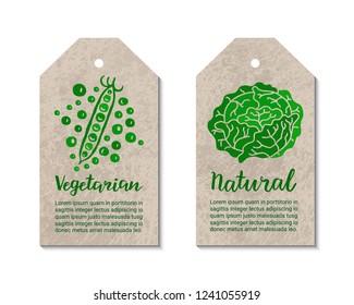 Vegetable tags with peas, cabbage. Vegetarian, natural hand-drawn lettering inscription. Healthy food, ecology, weight loss, low calorie graphic concept. Craft paper background. Vector label set