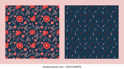 Vegetable template. Seamless backgrounds. Red and dark textures with tomatoes, cherry tomatoes, leaves . A set of bright, tasty prints. Backgrounds for albums. Vector illustration