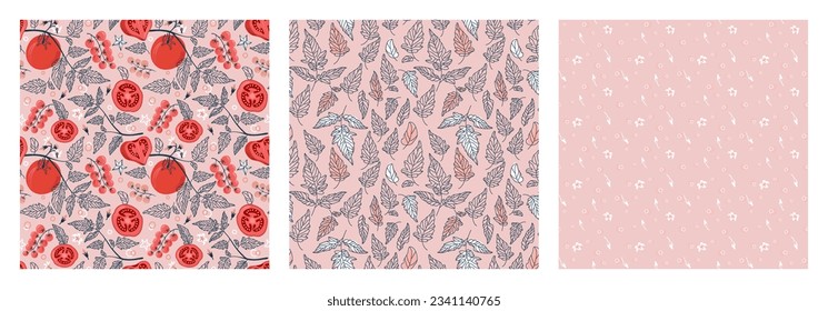 Plantilla de verduras. Fondos impecables. Texturas rojas y rosas con tomates, tomates cerezos, hojas y flores. Un conjunto de huellas brillantes y sabrosas. Antecedentes de álbumes. Ilustración del vector
