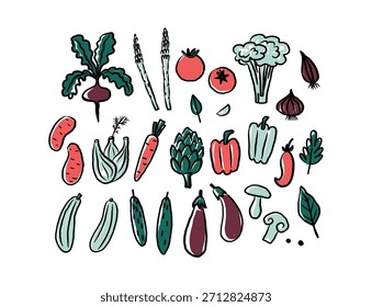 Ilustração de textura vegetal em fundo isolado. Esboço colorido com berinjela, cenouras, tomates, pepinos, cogumelos, batatas, páprica, alcachofra, abobrinha, pimenta, alho. Alimentos, colheita em explorações agrícolas