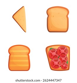 Ícones toast vegetal definir vetor cartoon. Fatia de pão grelhado com vegetal. Snacks veganos