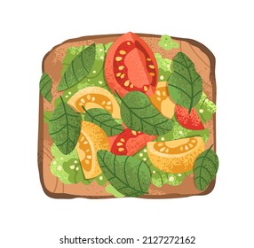 Vegetable toast on grilled bread slice. Open sandwich with fresh cherry tomatoes, basil leaves, mashed avocado and sesame seeds. Vegan snack food. Flat vector illustration isolated on white background