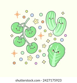 vegetable tomato cucumber lettuce with cute facial expressions and pastel colour