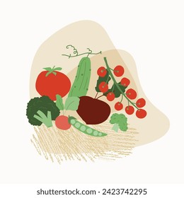 Vegetable trendy creative cjlorful poster. Hand drawn, flat scandinavian style, manual art. Healthy nutrition, organic food. Vector illustration