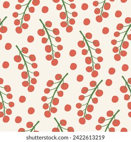 Vegetable trendy creative  cjlorful seamless pattern. Hand drawn, flat scandinavian style, manual art. Healthy nutrition, organic food, tomato cherry. Vector illustration.